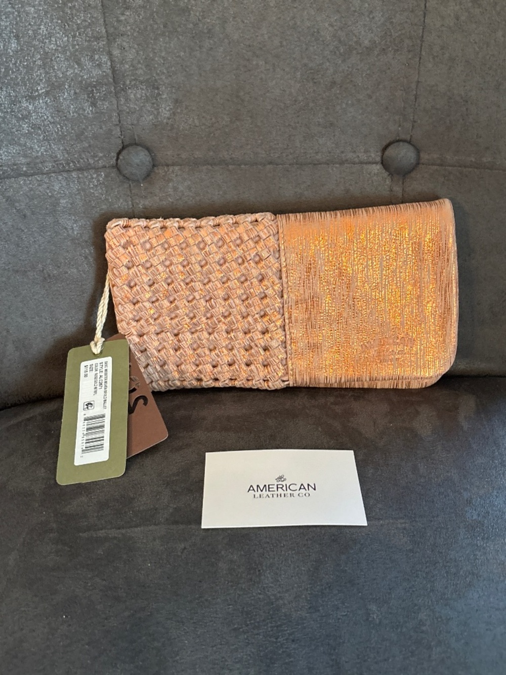 NWT American Leather Co Woven Leather Clutch Wallet Metallic Copper Finish